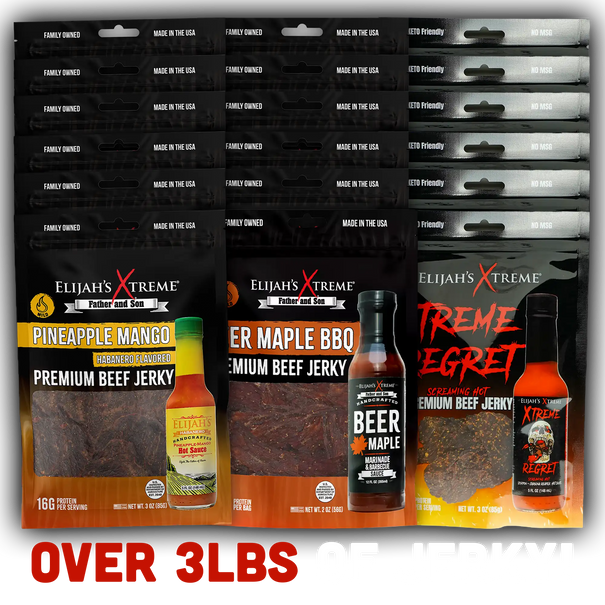 Elijah’s Xtreme Beef Jerky Bulk Trio - 6 bags of Each Flavor, 18 bags total (3lbs)