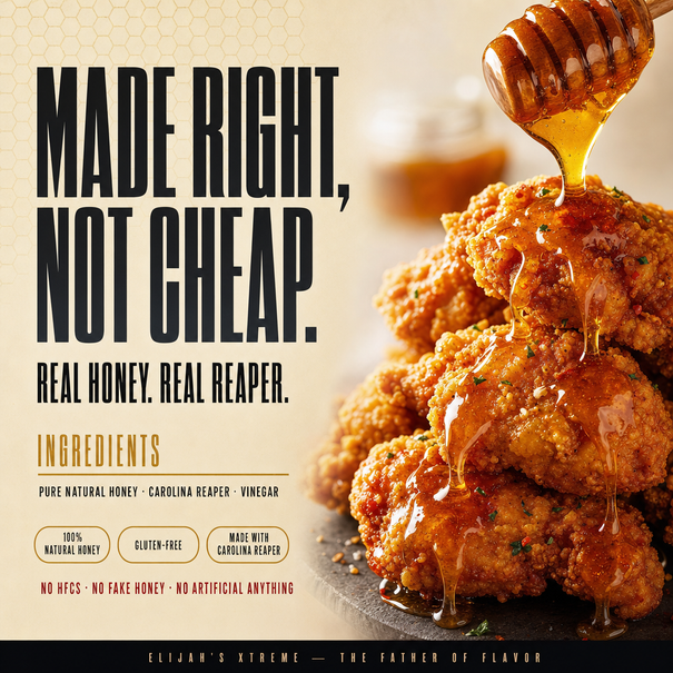 Fried chicken with honey being drizzled on it, accompanied by text about product quality and ingredients.