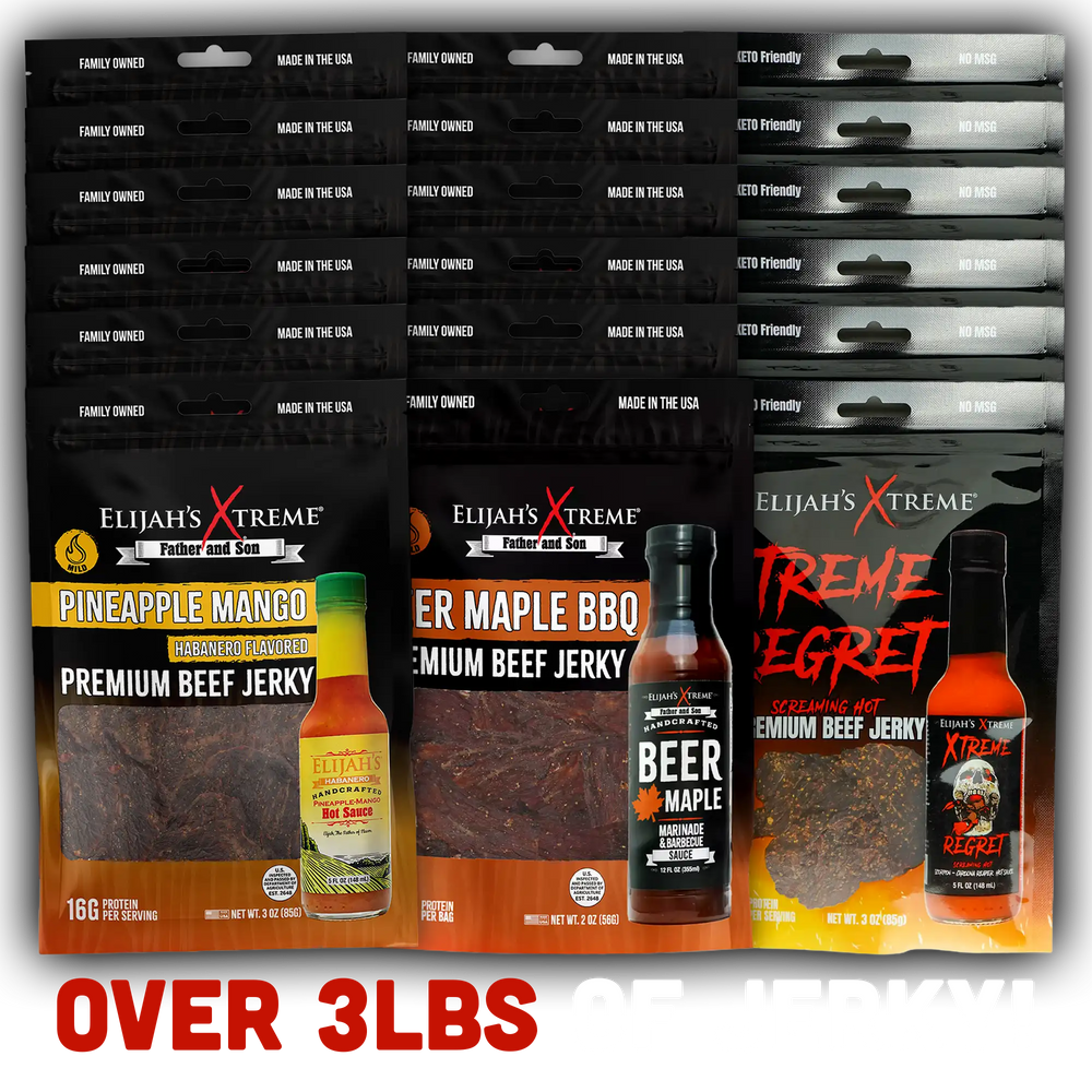 Elijah’s Xtreme Beef Jerky Bulk Trio - 6 bags of Each Flavor, 18 bags total (3lbs)