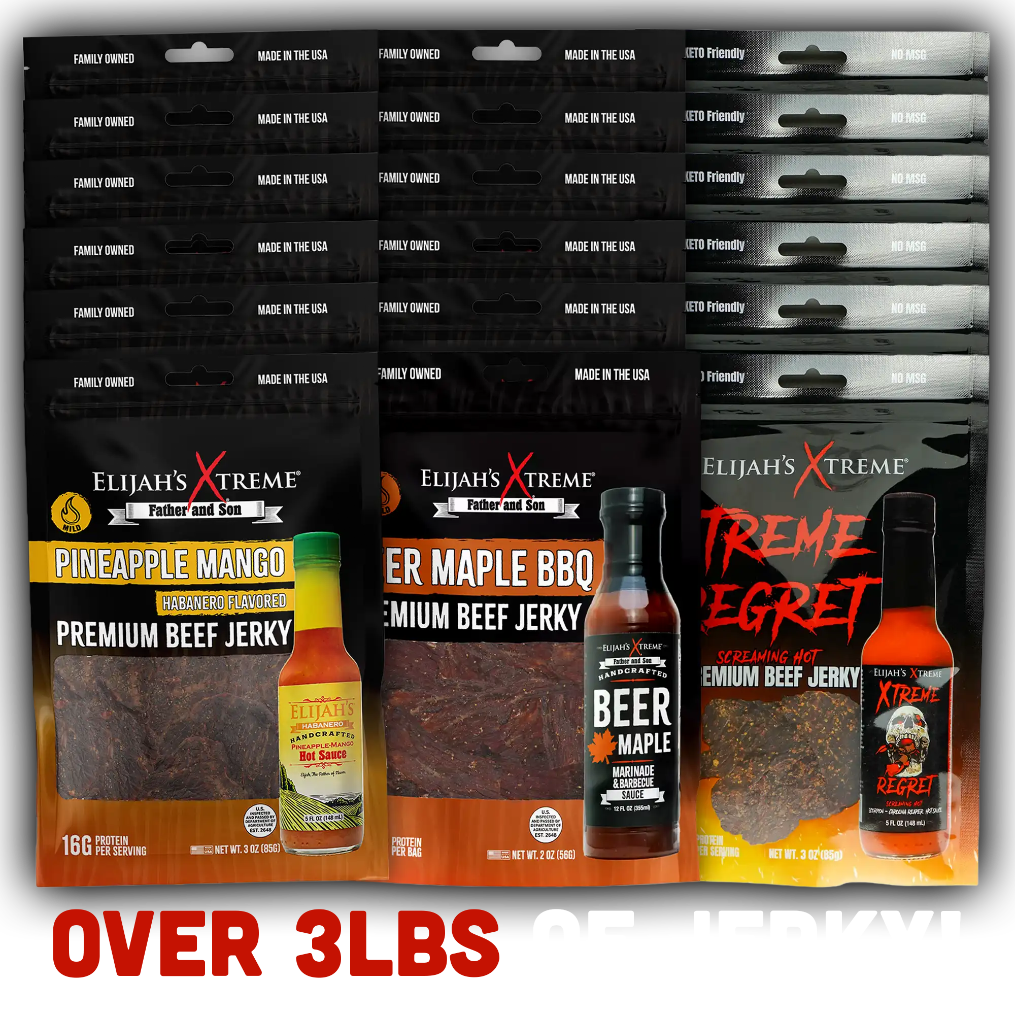Elijah’s Xtreme Beef Jerky Bulk Trio - 6 bags of Each Flavor, 18 bags total (3lbs)