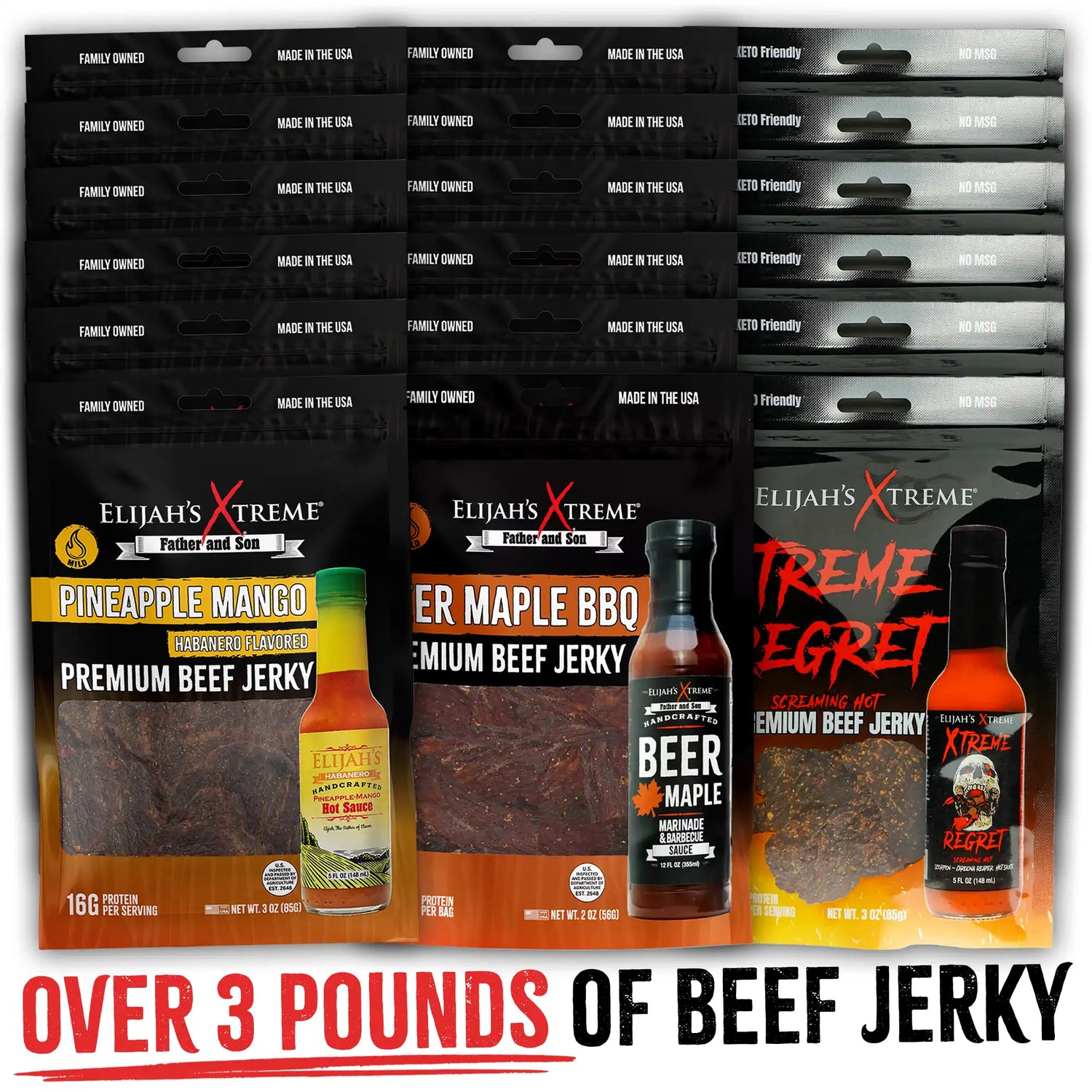 Elijah’s Xtreme Beef Jerky Bulk Trio - 6 bags of Each Flavor, 18 bags total (3lbs) Beef Jerky Elijah's Xtreme