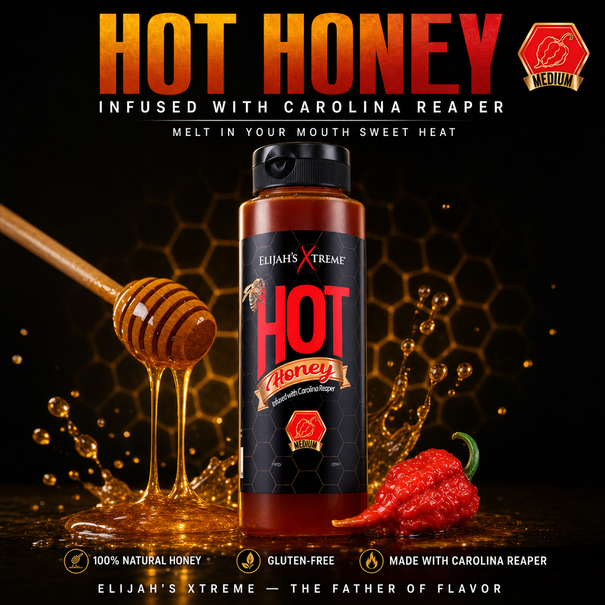 Hot honey bottle with honey dripping and a chili pepper on a dark background