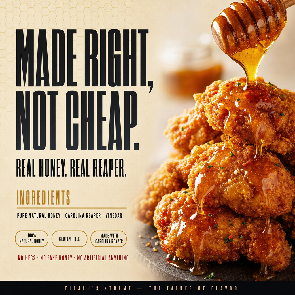 Fried chicken with honey being drizzled on it, accompanied by text about product quality and ingredients.
