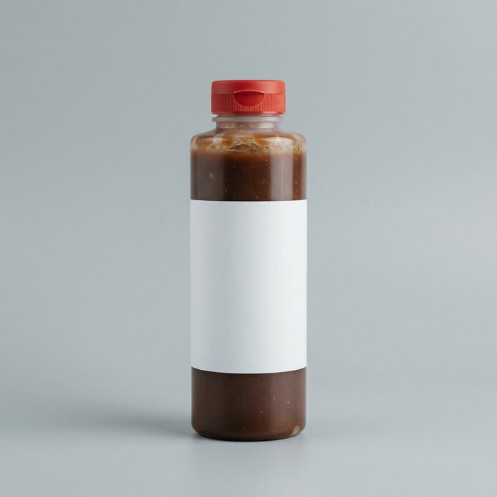 A plain unbranded BBQ sauce bottle with a blank label